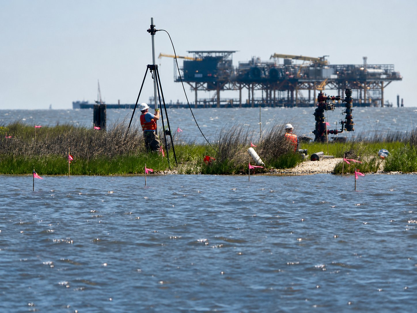 EMS field crew conducting coastal environmental surveying near offshore platforms