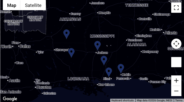 Map of EMS offices across Mississippi, Louisiana, Alabama and south Arkansas