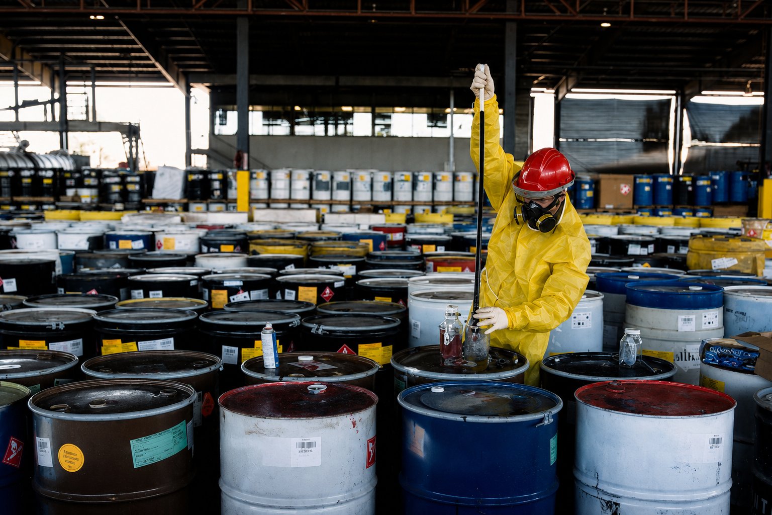 EMS technician sampling drummed waste for characterization and disposal